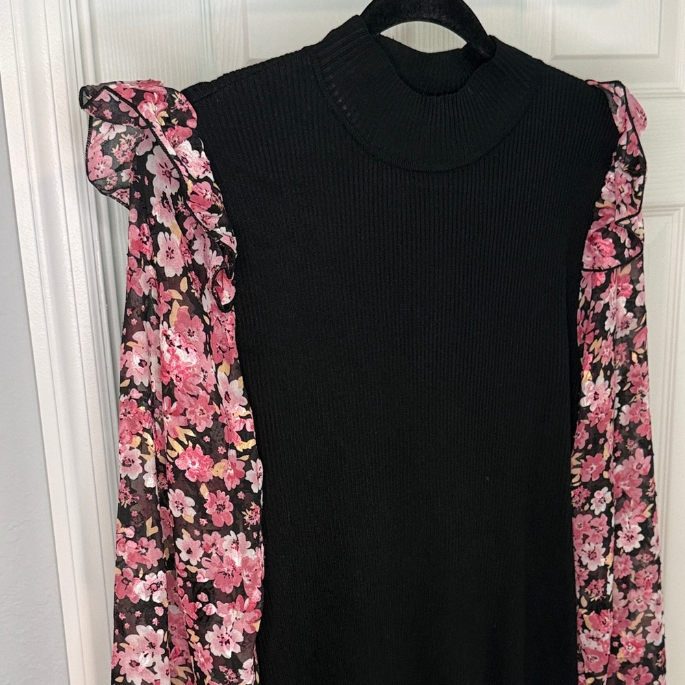 Absolutely Famous Black Knit Top with Pink Floral Long Sleeves - Picture 2 of 4